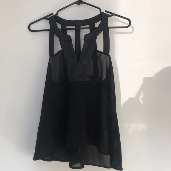 Material Girl Tops - Sheet black tank with leather detail